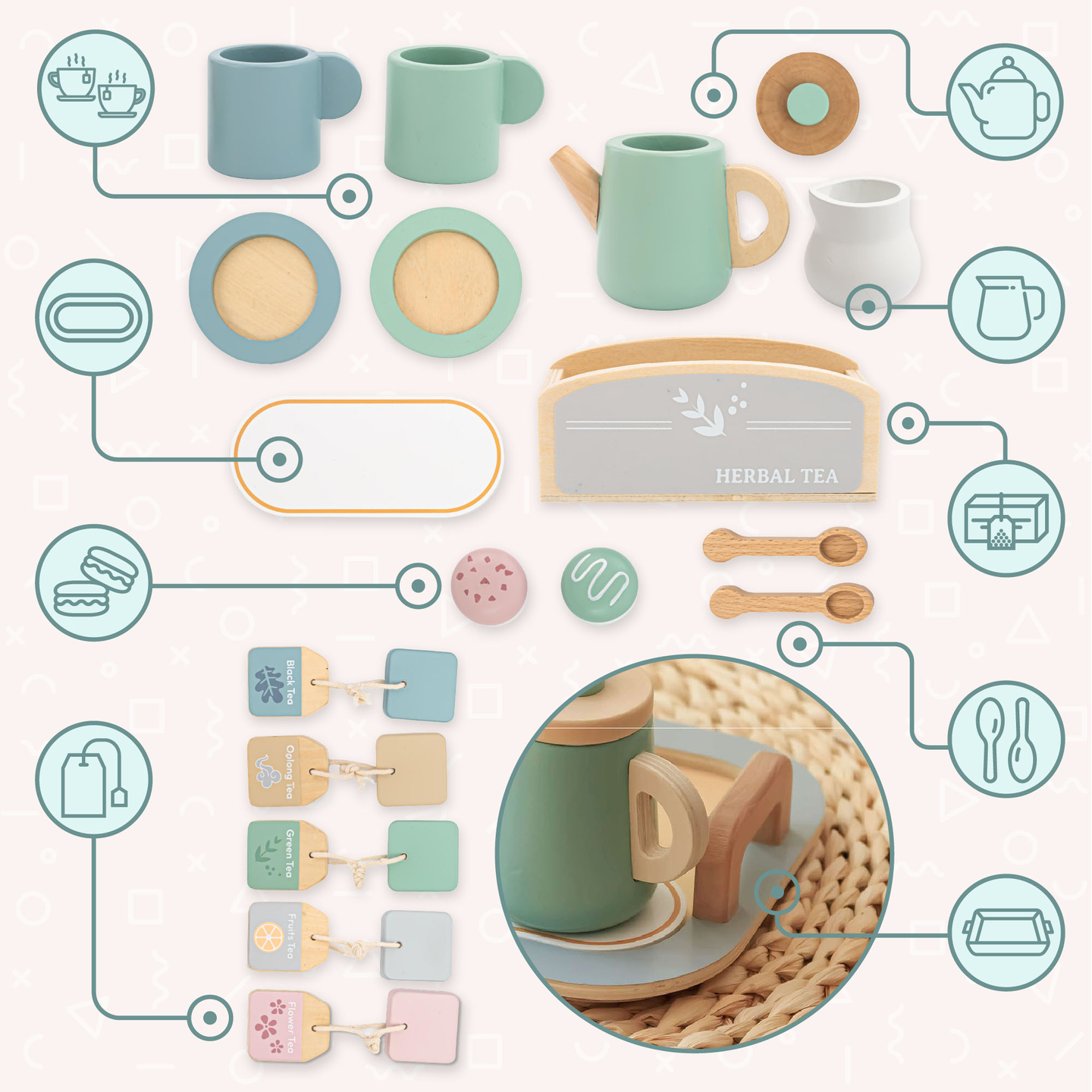 Grande set da tè in legno con vassoio - 18 articoli