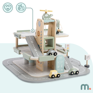 Garage in legno a tre piani per bambini con accessori: parcheggio, stazione di servizio, autolavaggio, elicottero