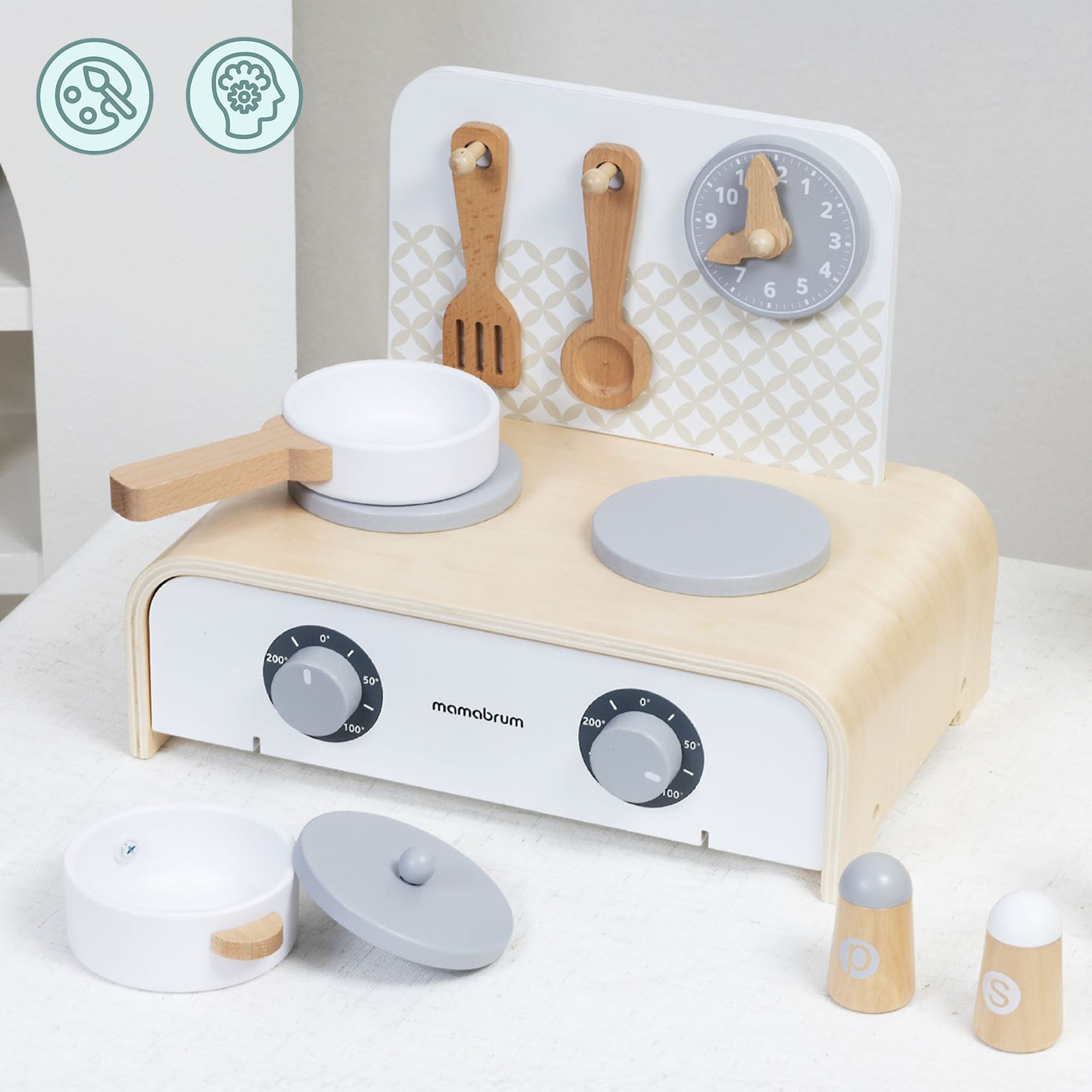 Mamabrum Cucina pieghevole in legno per bambini - Set con pentole, accessori da cucina e contenitori