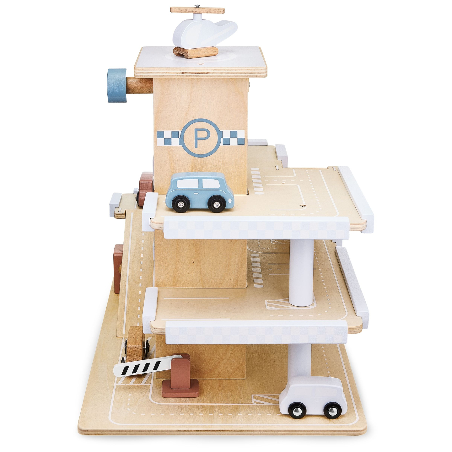 Parcheggio in legno a tre piani con ascensore - garage con auto ed elicottero