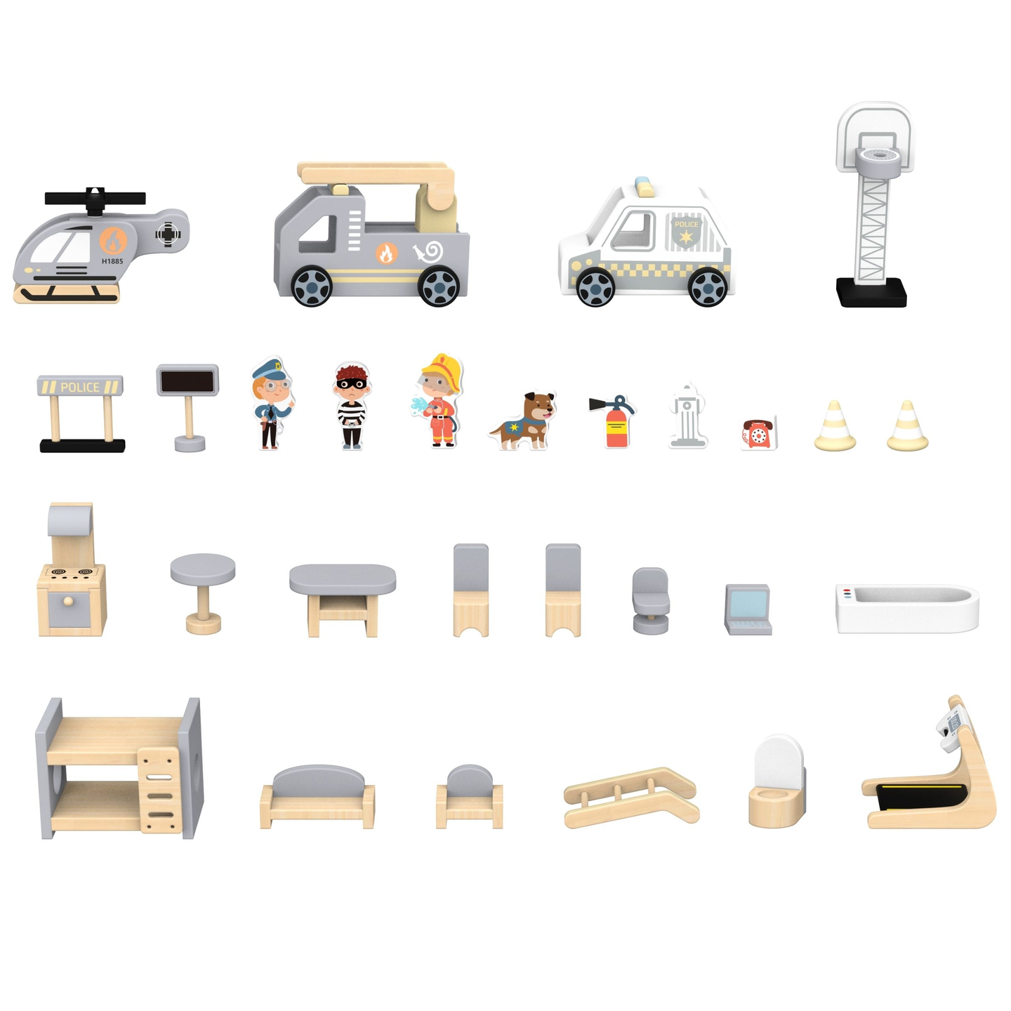 Grande stazione dei pompieri pieghevole con stazione di polizia - set in legno. Stazione dei pompieri e stazione di polizia con accessori.
