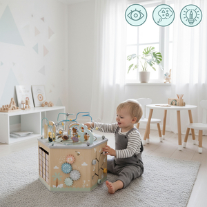 Grande cubo educativo in legno: un giocattolo Montessori con un treno magnetico e circuiti motori
