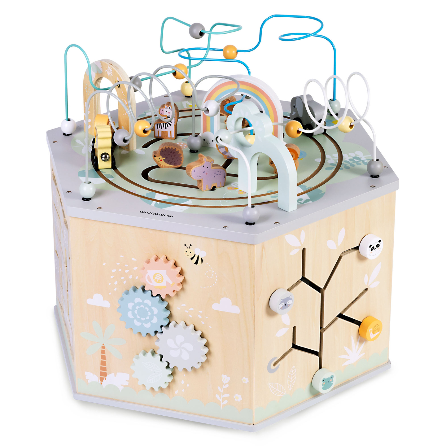 Grande cubo educativo in legno: un giocattolo Montessori con un treno magnetico e circuiti motori