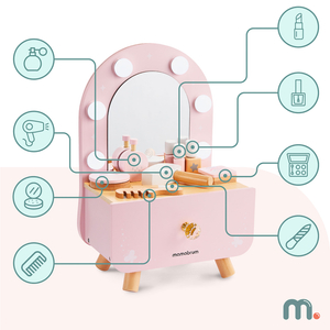 Mini toletta in legno per bambini con accessori e illuminazione a LED con regolazione continua della luminosità