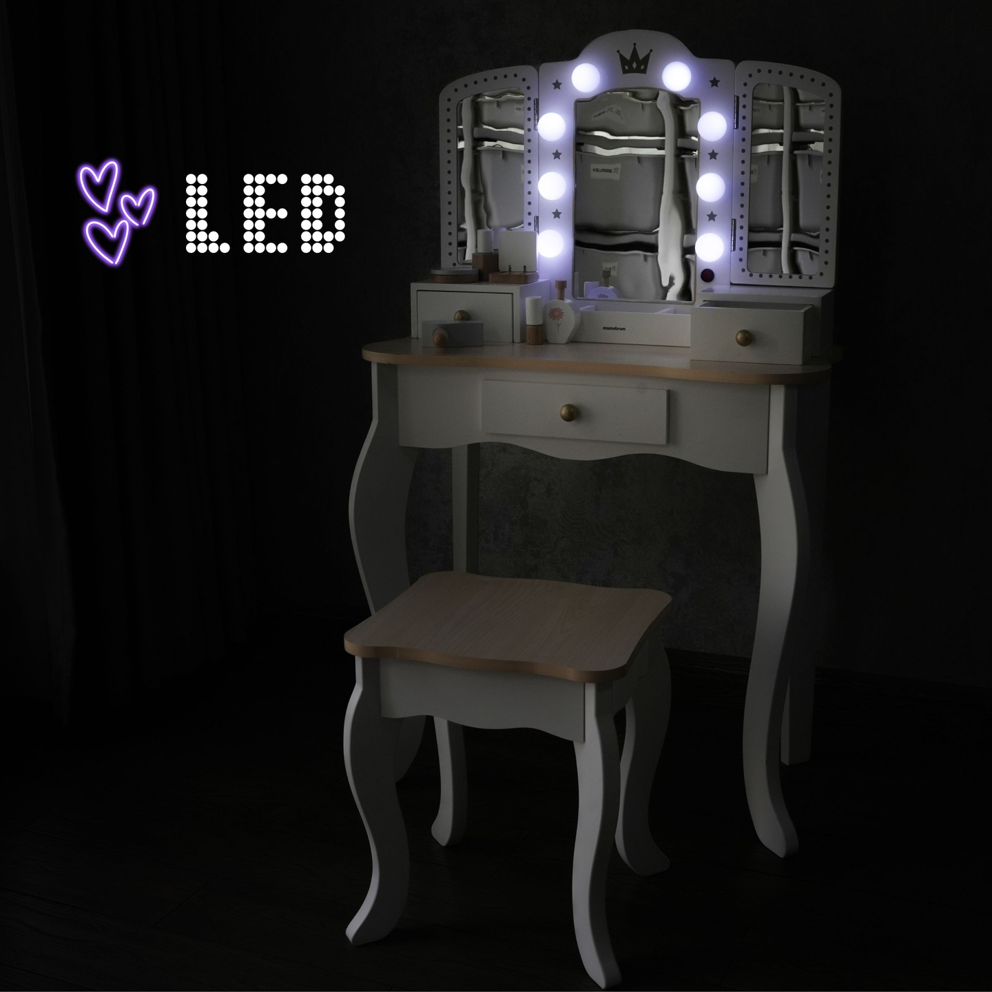 Tavolino da toilette XXL in legno con sgabello e illuminazione a LED per bambini + accessori