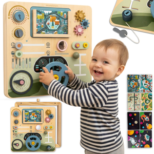 Tavola Montessori in legno 2 in 1 Cockpit per piccoli conducenti e piloti: volante, cambio, mappe di viaggio, radar