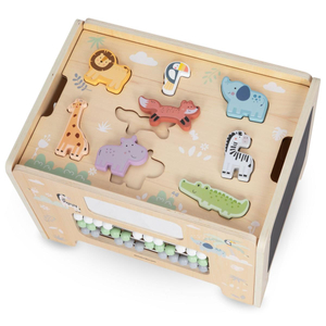 Scatola manipolativa in legno - Tavola Montessori con figure di animali e sedile