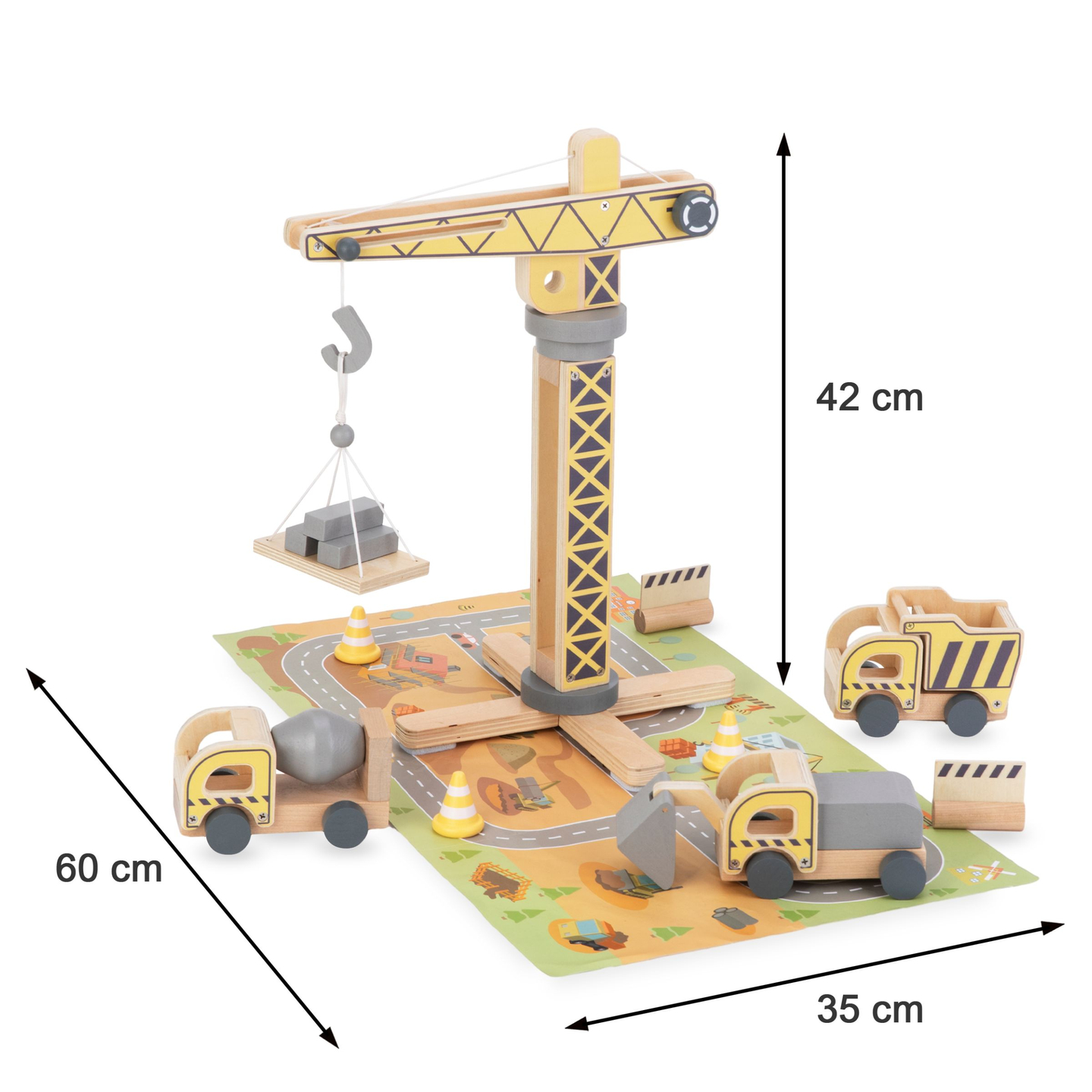 Cantiere in legno con gru mobili e veicoli di grandi dimensioni, gru a torre
