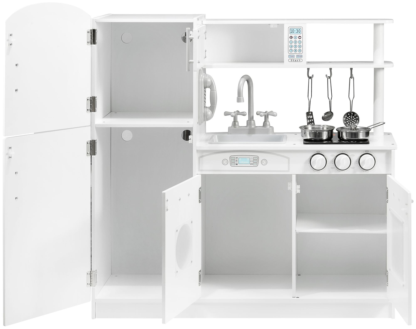 Grandi accessori da cucina in legno bianco e grembiule