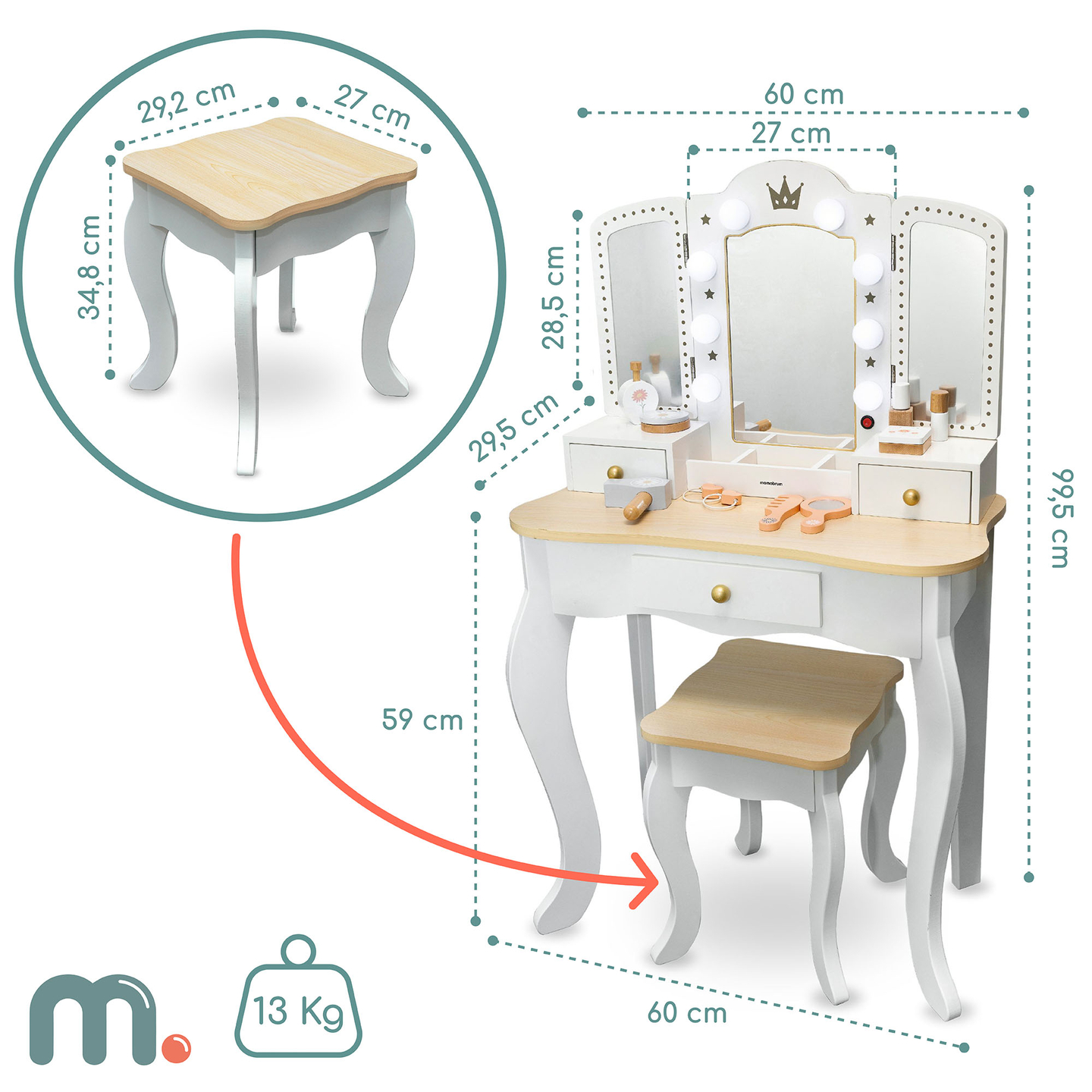 Tavolino da toilette XXL in legno con sgabello e illuminazione a LED per bambini + accessori