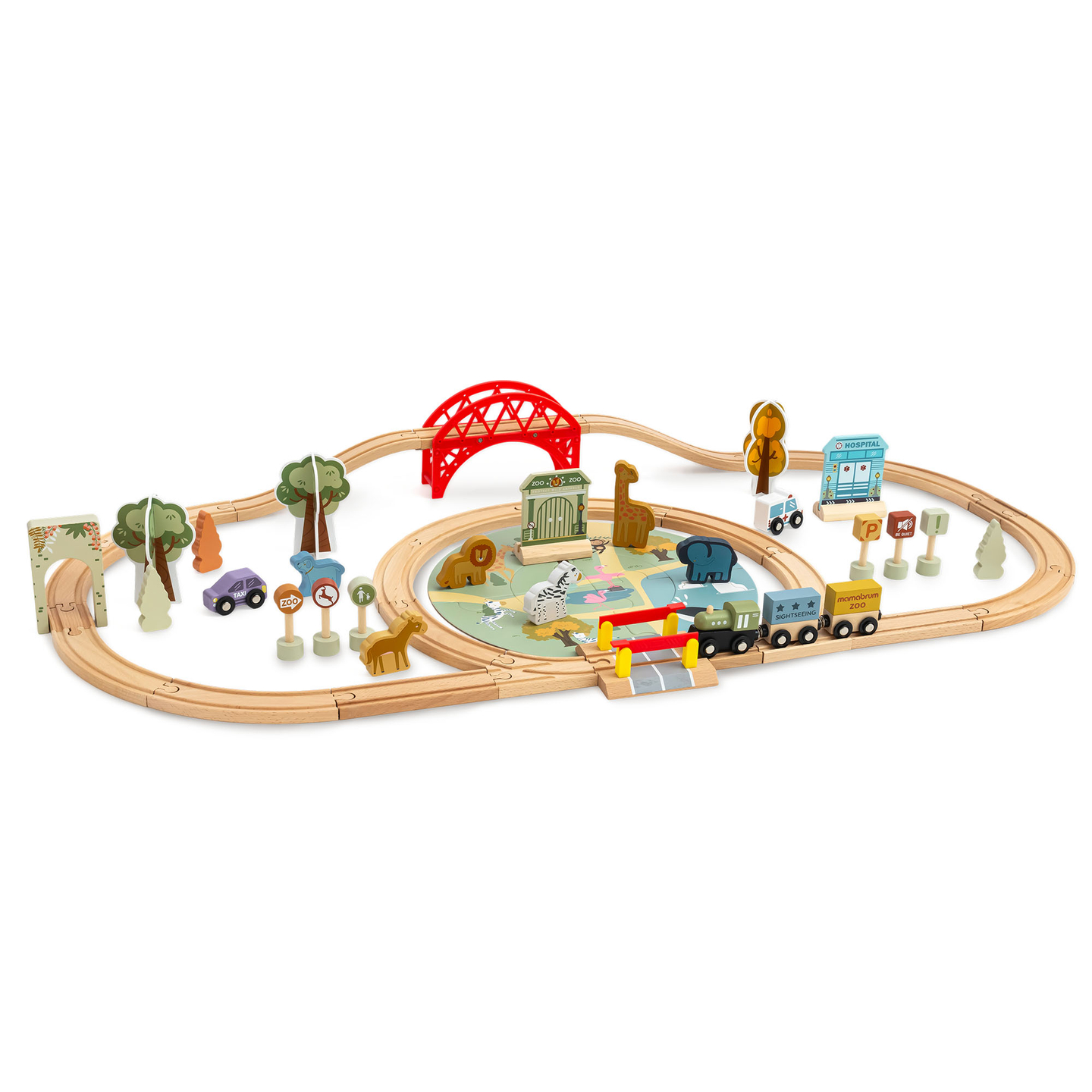 Treno ZOO in legno – puzzle, treno, binari, animali, ponte, barriera