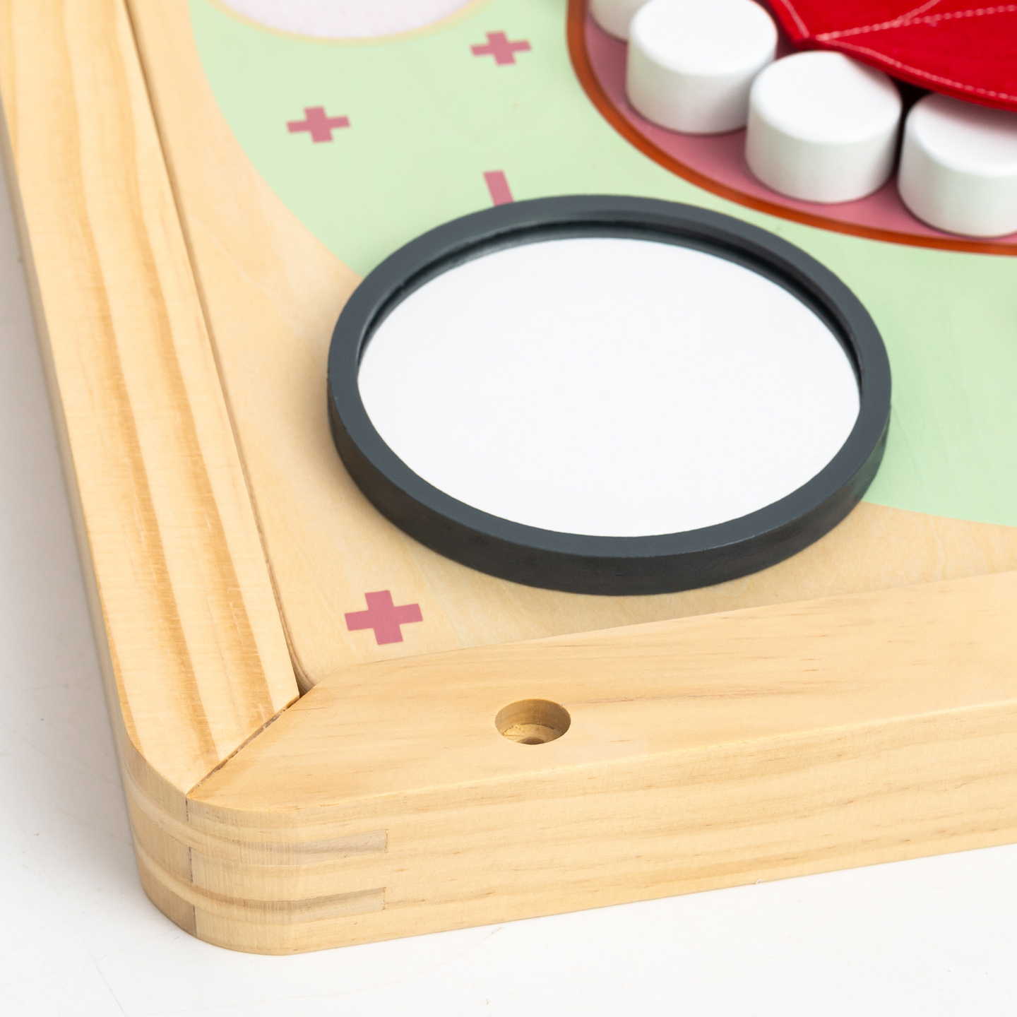 Tavola didattica Montessori in legno Piccolo Dentista - spazzolino da denti, dentifricio, denti rimovibili, specchio, cibo, apprendimento dei sapori