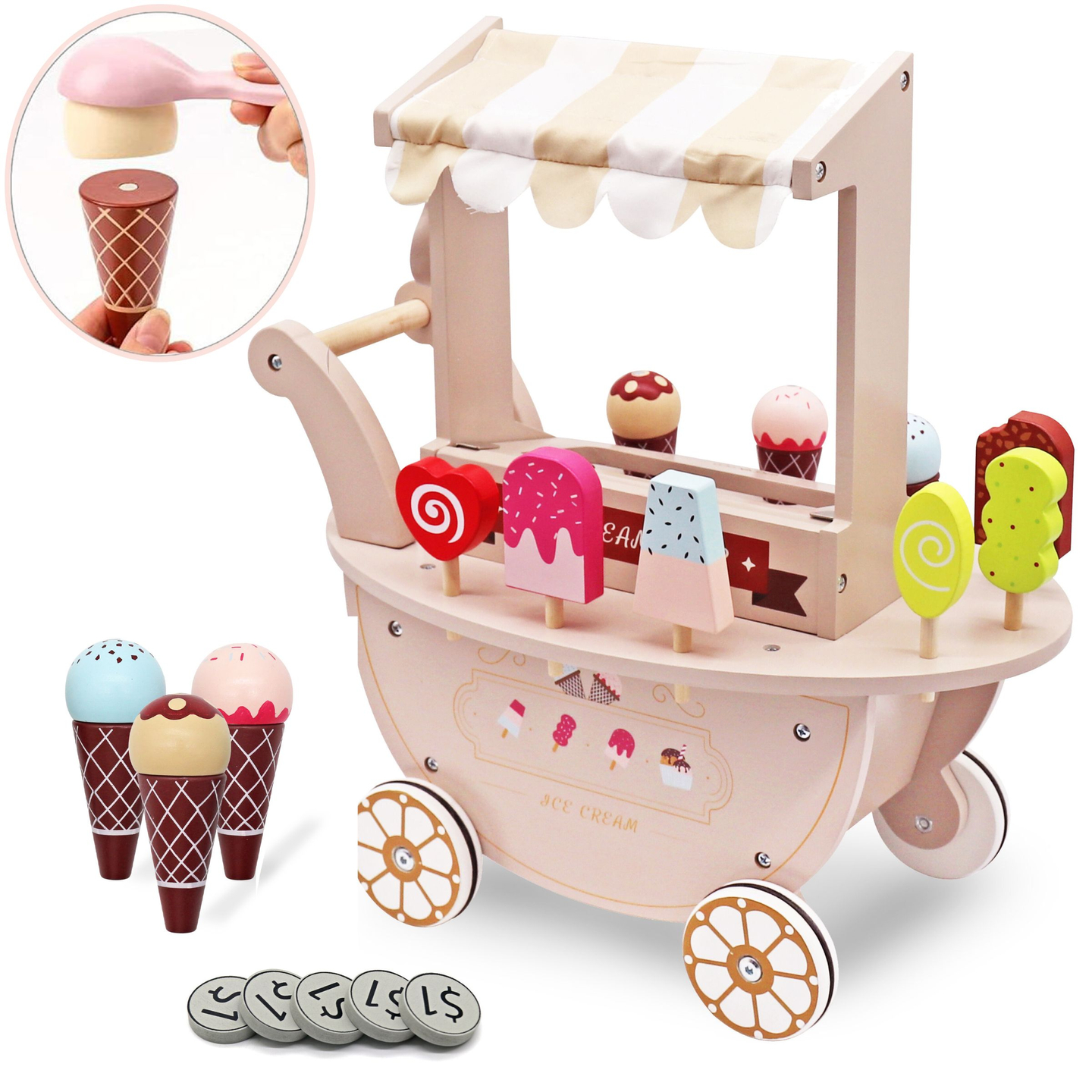 Gelateria in legno per bambini - carrello su ruote con accessori