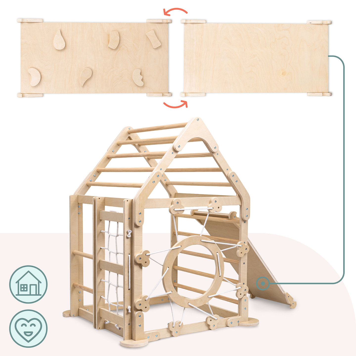 Parco giochi in legno al coperto per bambini: una casa con scale e uno scivolo