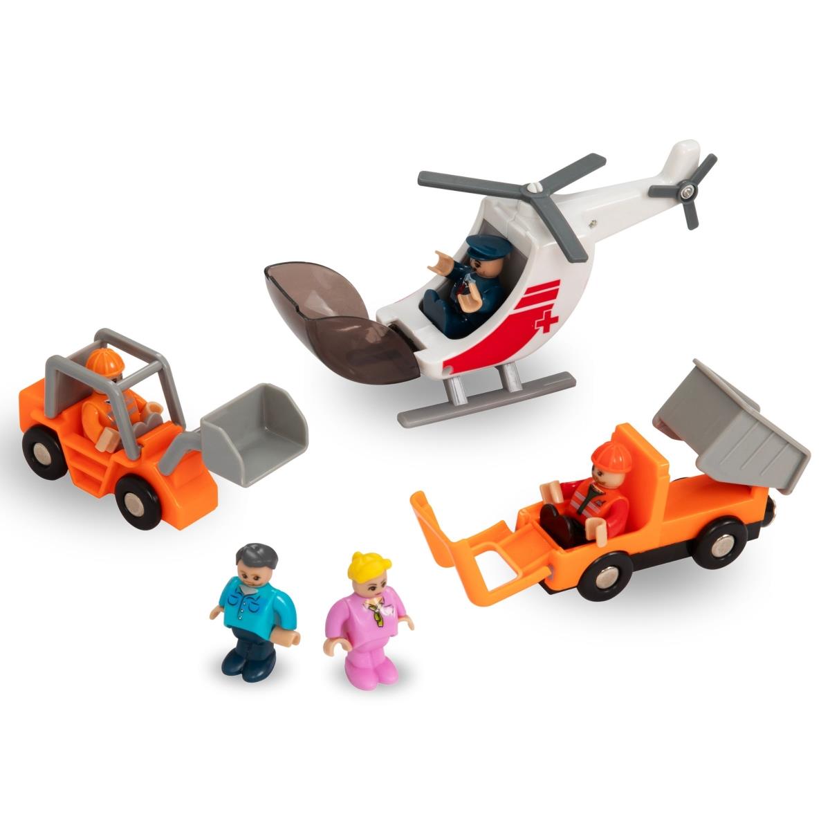 Ferrovia in legno, treno a batteria - Città: binari, automobili, ponte, aeroporto