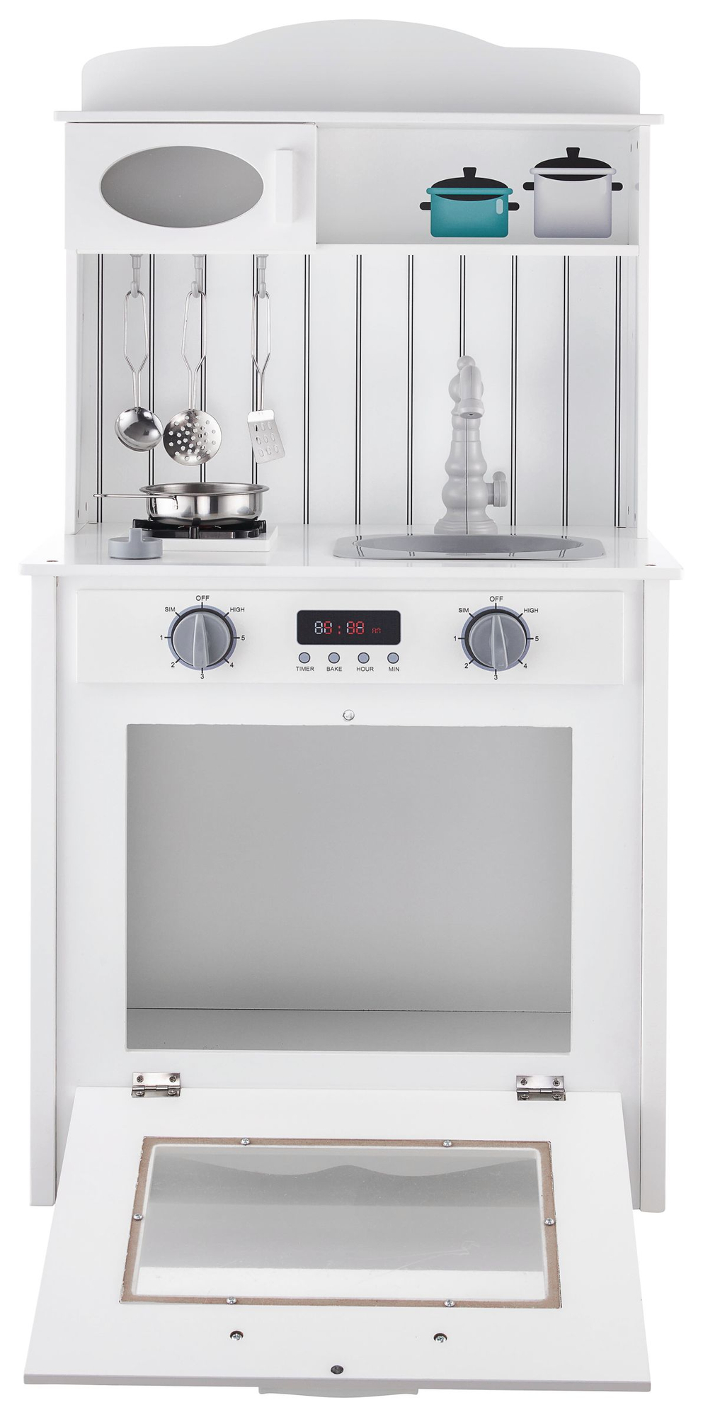 Cucina in legno bianco con grembiule, accessori e lampada LED