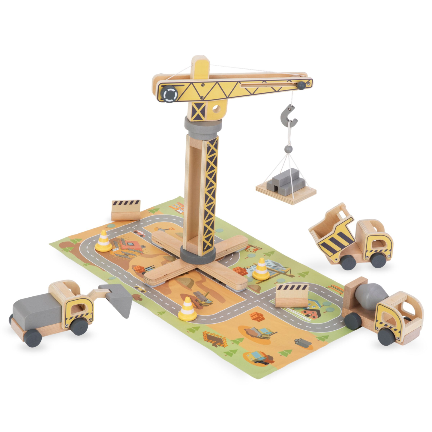 Cantiere in legno con gru mobili e veicoli di grandi dimensioni, gru a torre