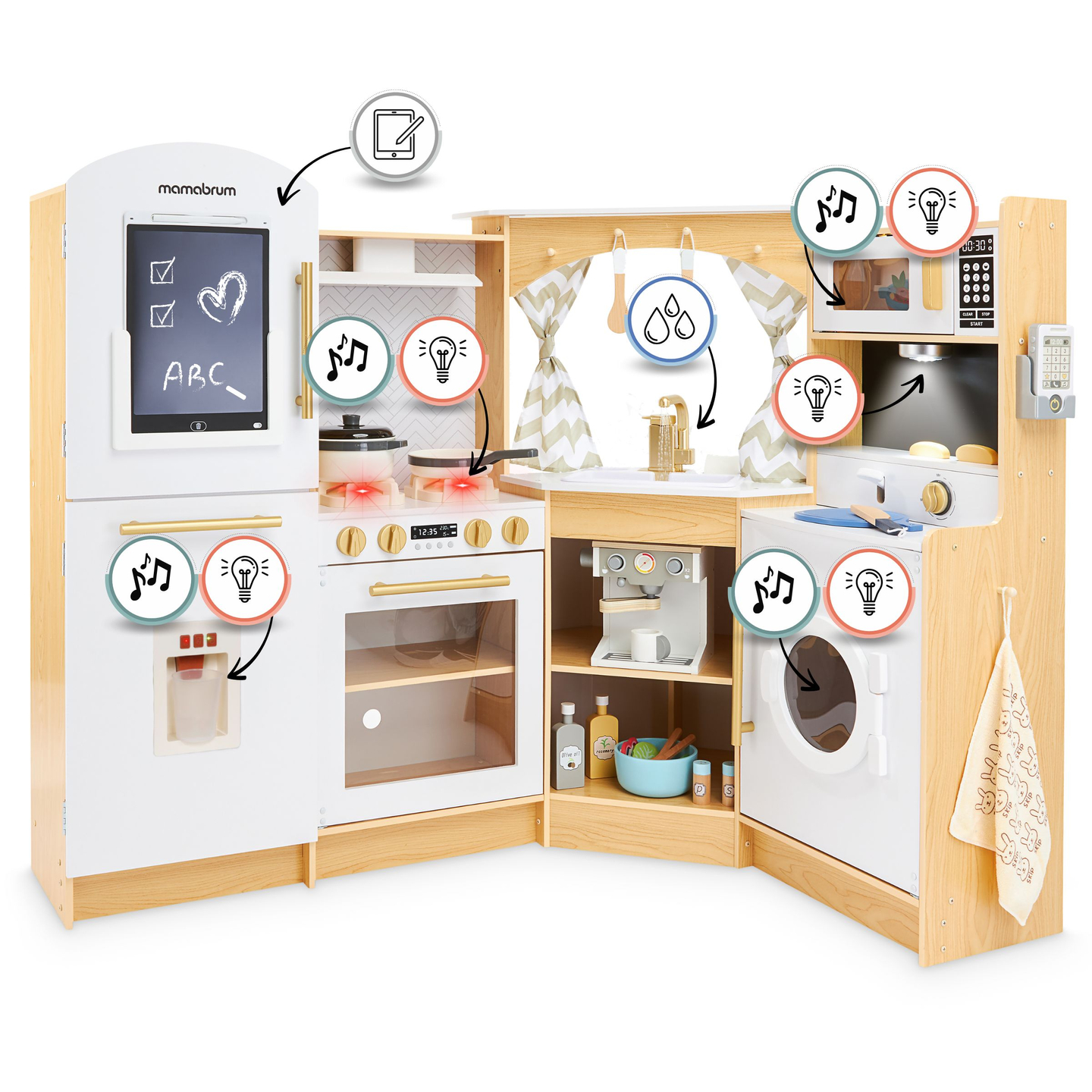 XXXXL grande cucina interattiva in legno con illuminazione a LED, lavatrice, macchina del caffè a microonde e set di frutta e verdura - 50 elementi