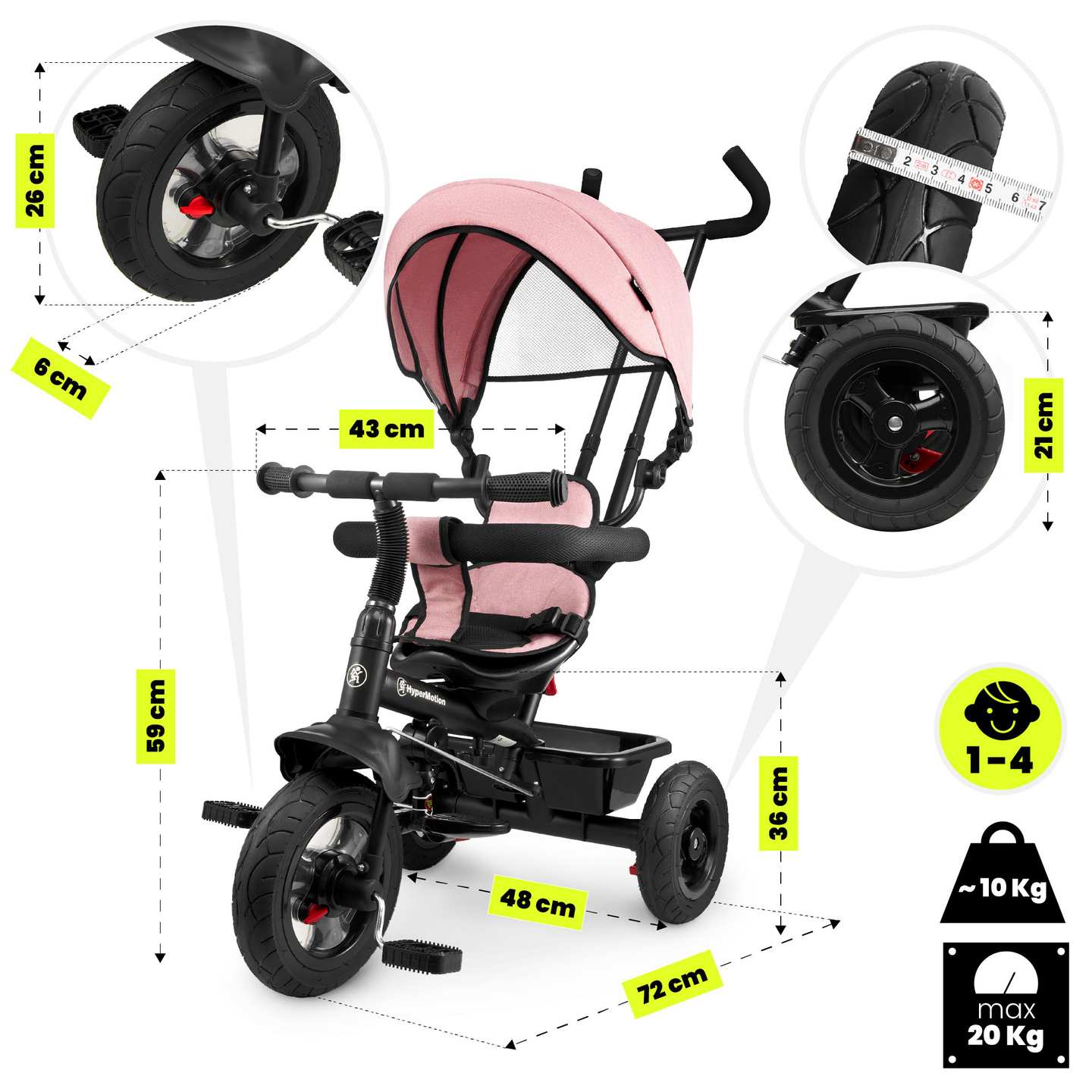 Triciclo per bambini 1-4 anni - TOBI FREY - colore rosa - girevole - ruote pompate + spintore