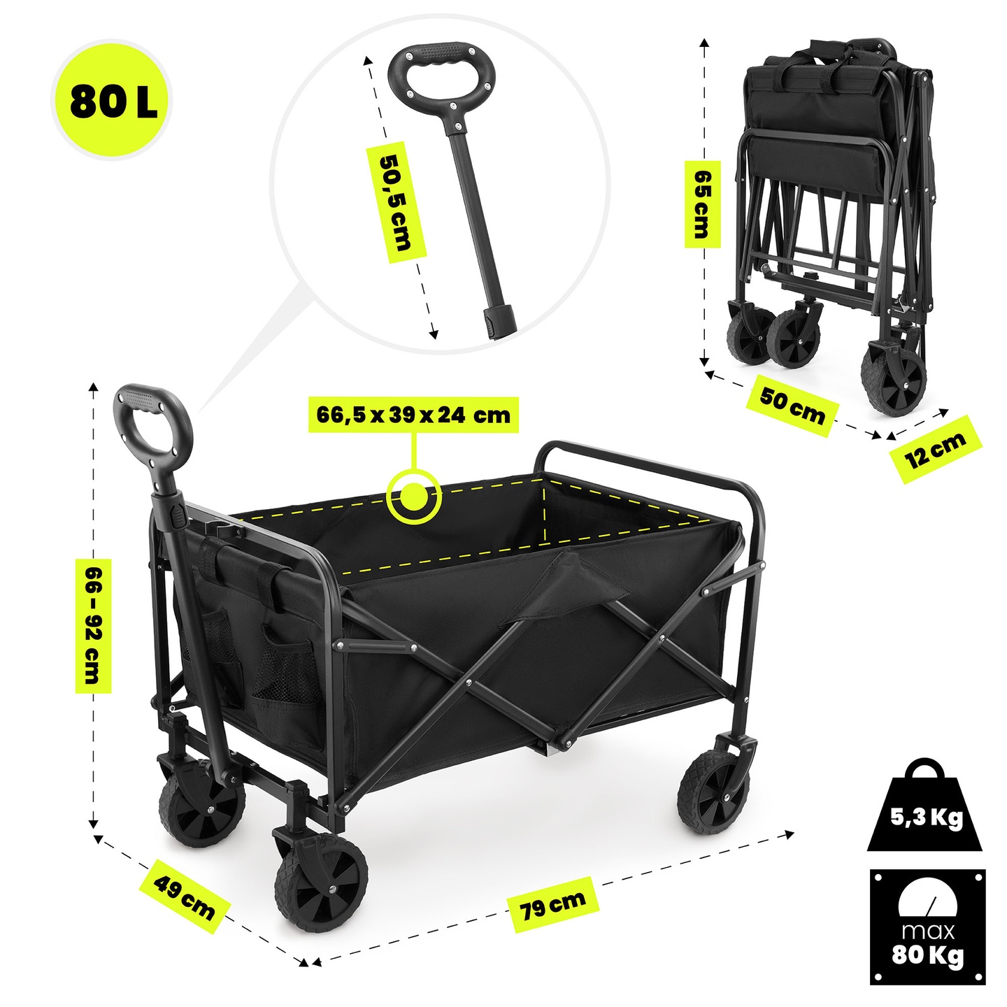 Carrozzina da spiaggia pieghevole HyperMotion - nero, 80 kg