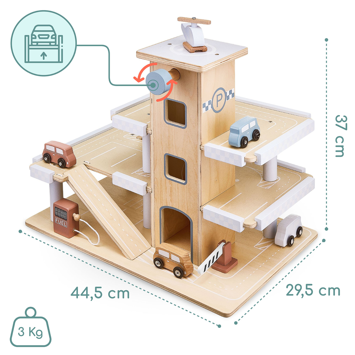 Parcheggio in legno a tre piani con ascensore - garage con auto ed elicottero