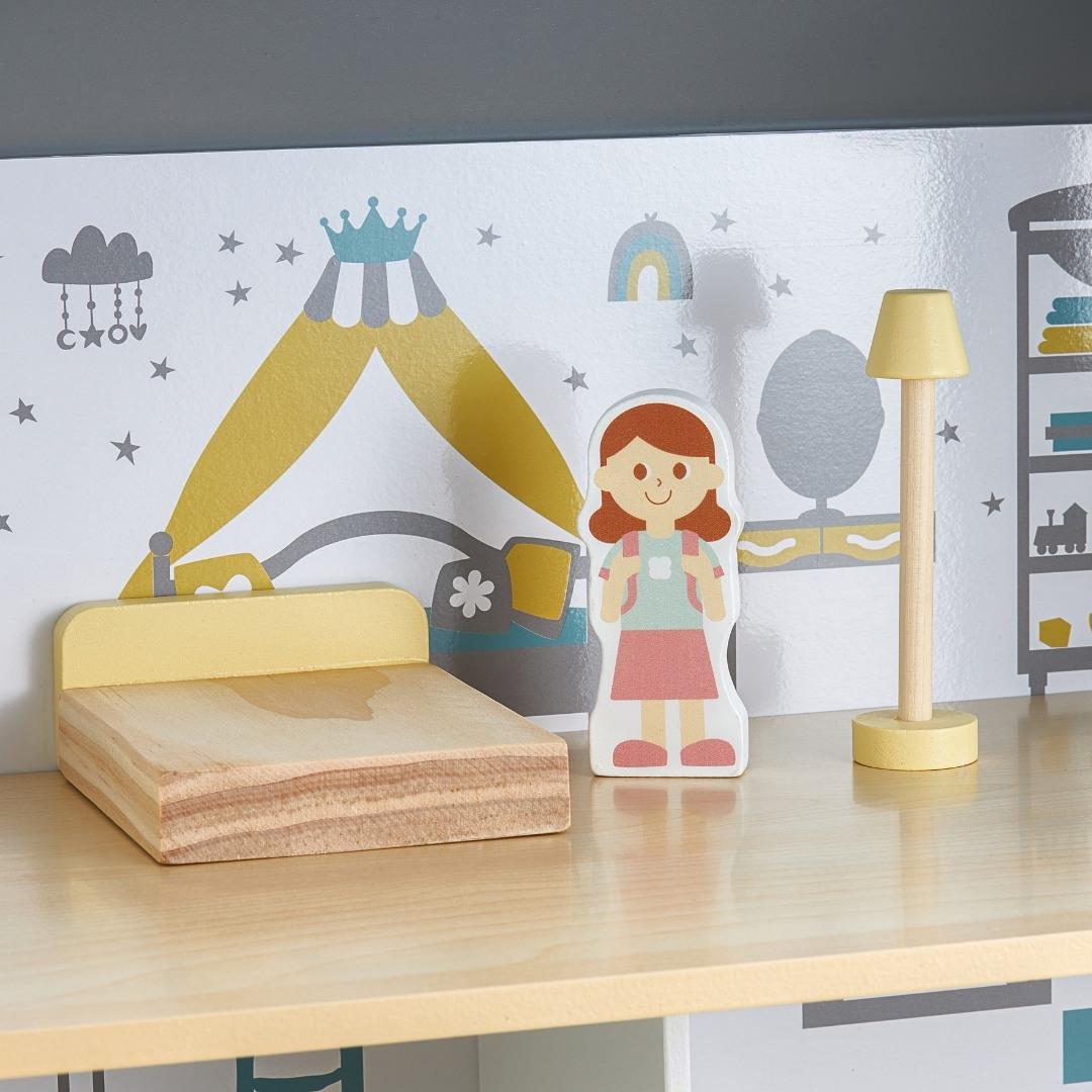 Casa delle bambole in legno bianco con terrazza e accessori