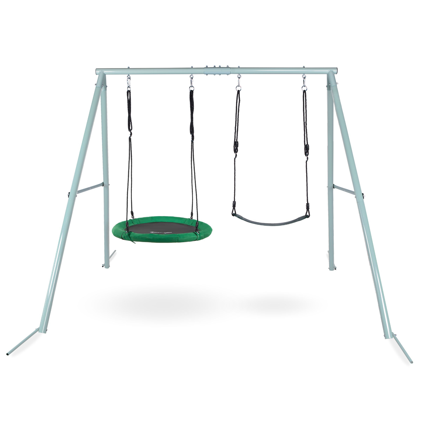 Altalena da giardino doppia con telaio e corde - seduta e nido di cicogna