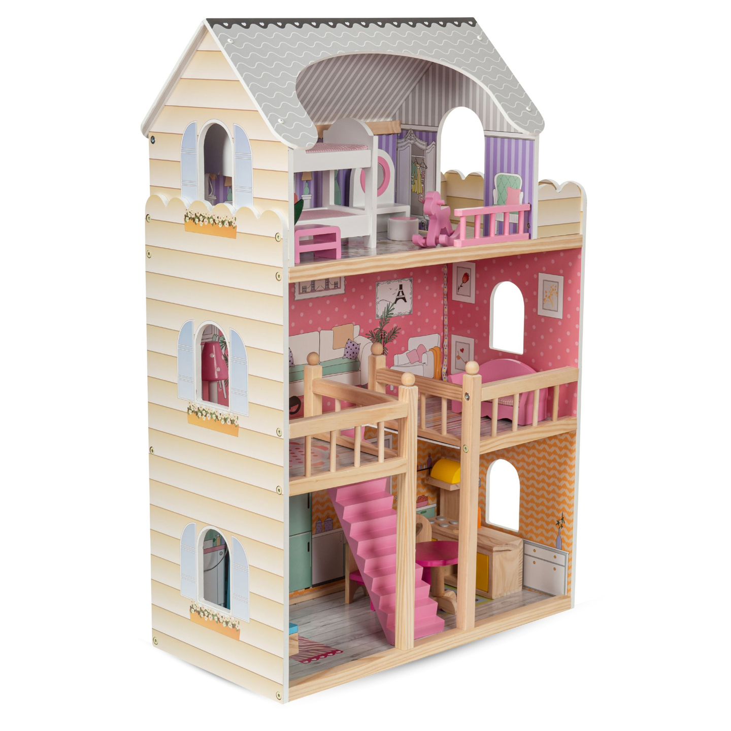 Grande casa delle bambole in legno a 3 piani con terrazza, set di mobili e illuminazione a LED!