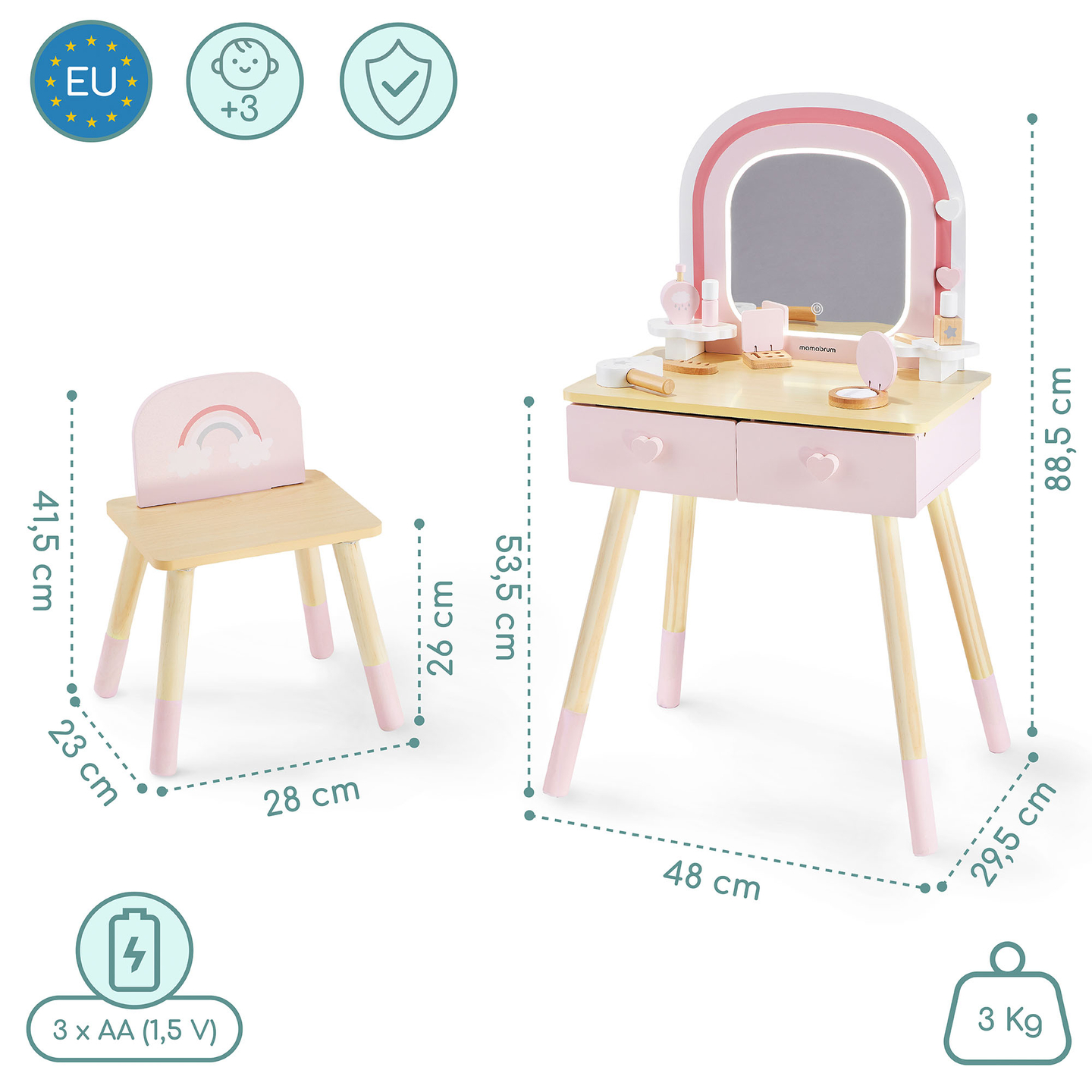Toeletta in legno per bambini con illuminazione a LED con regolazione continua della luminosità, sedia e accessori