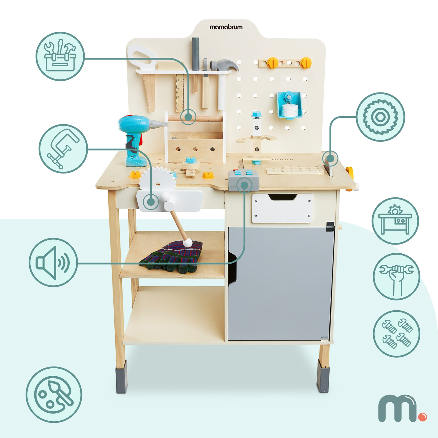 XXL Grande officina in legno con attrezzi - set per il bricolage, 74 elementi