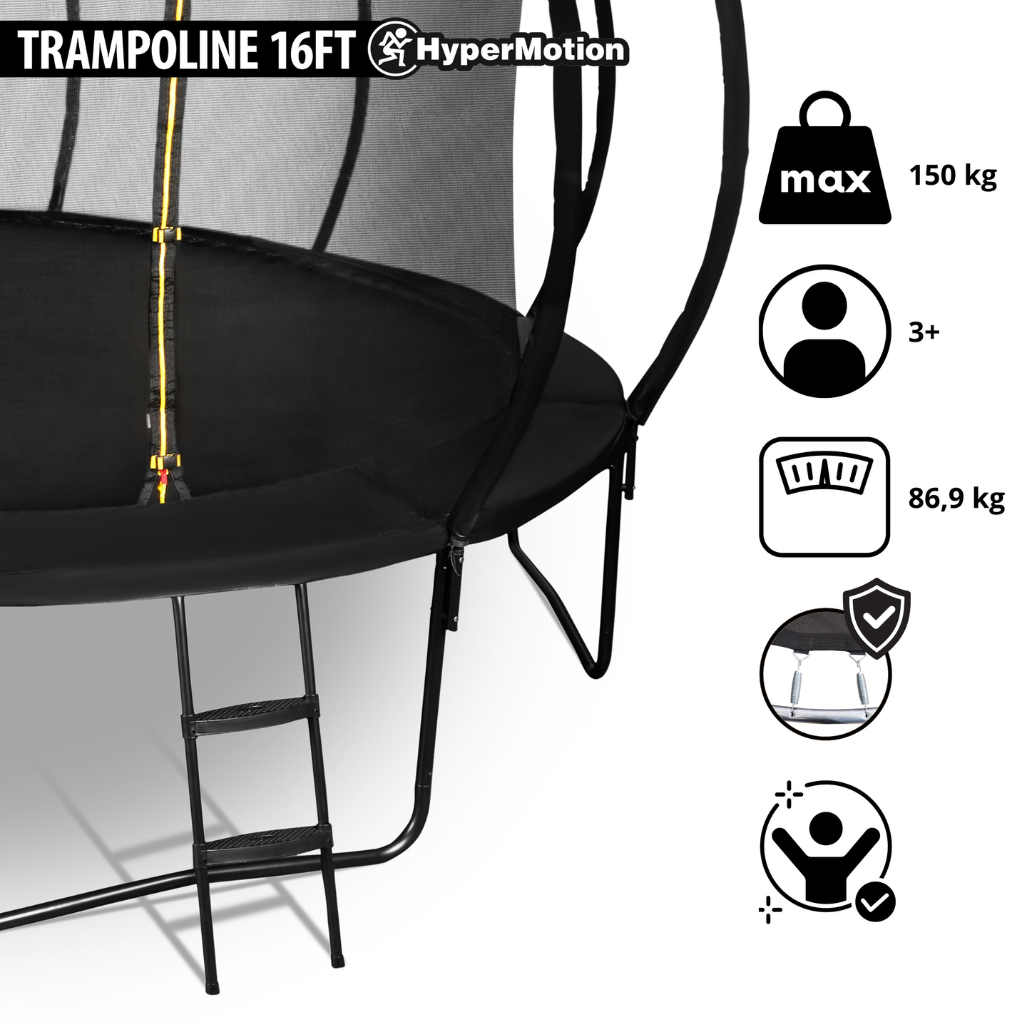 Trampolino da giardino XXXL per bambini HyperMotion - 487 cm 16FT - con scala e rete interna - per casa e giardino - max 150 kg