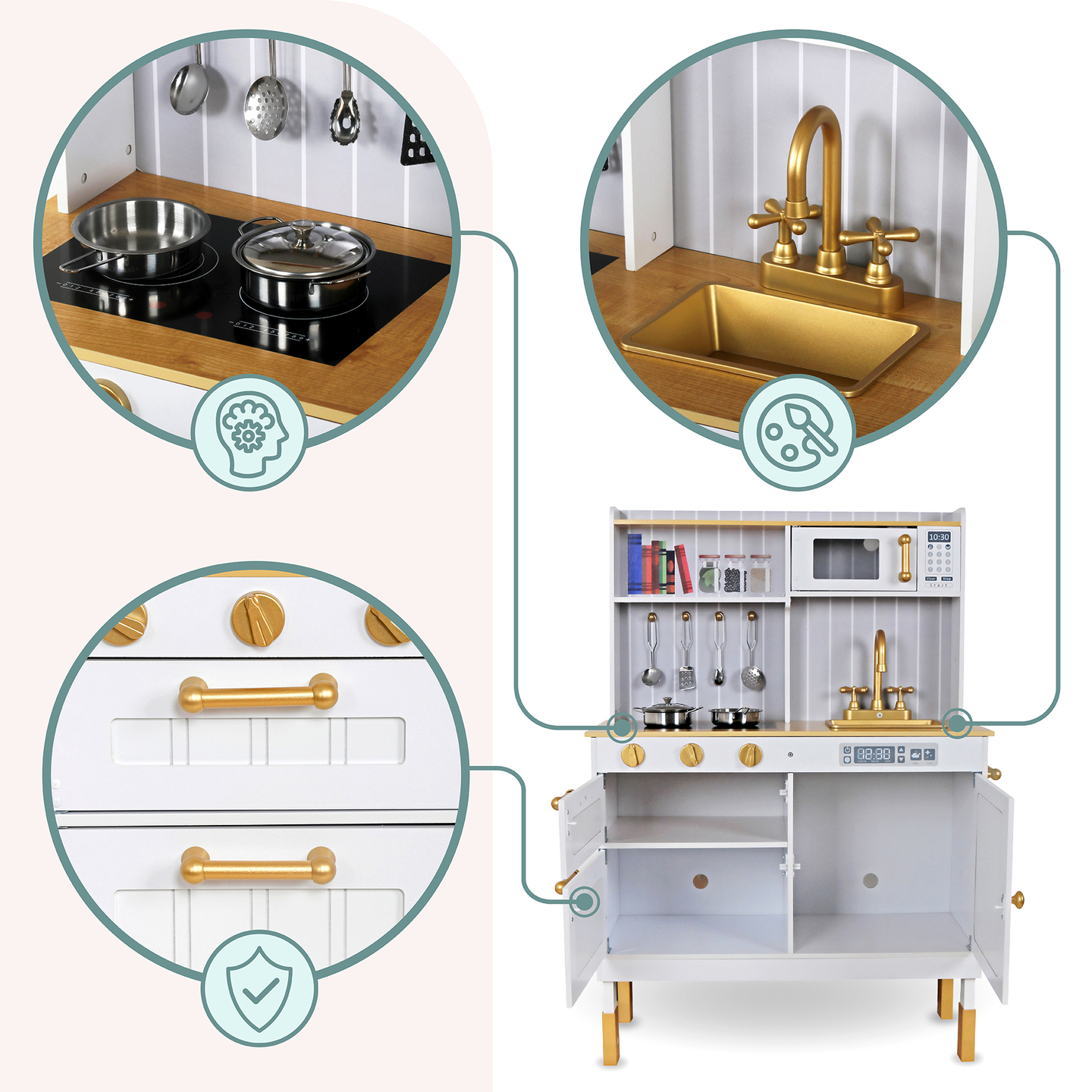 Cucina bianca in legno con accessori e grembiule