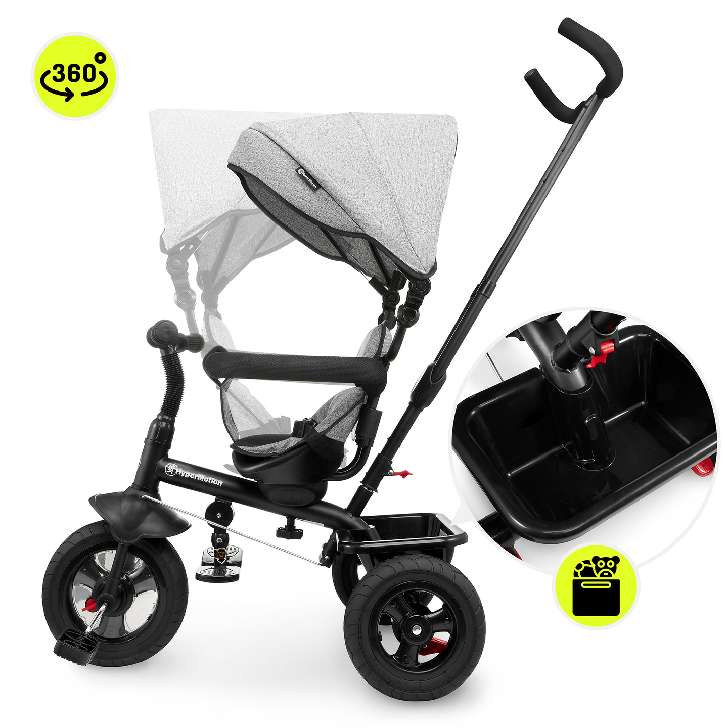 Triciclo per bambini 1-4 anni - TOBI FREY - colore grigio - girevole - ruote pompate + spingitore