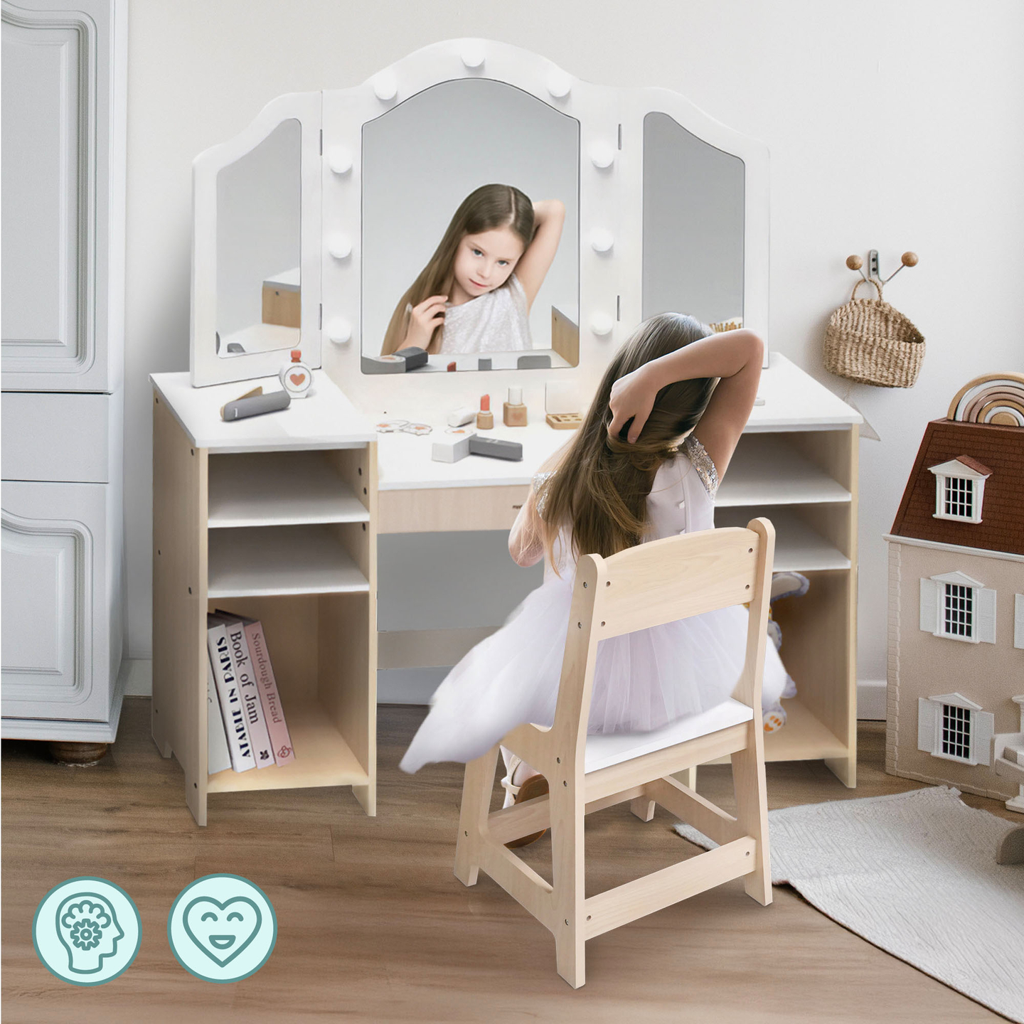 Tavolino da toeletta per bambini in legno con sedia, accessori e illuminazione a LED