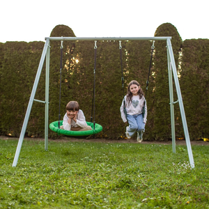 Altalena da giardino doppia con telaio e corde - seduta e nido di cicogna