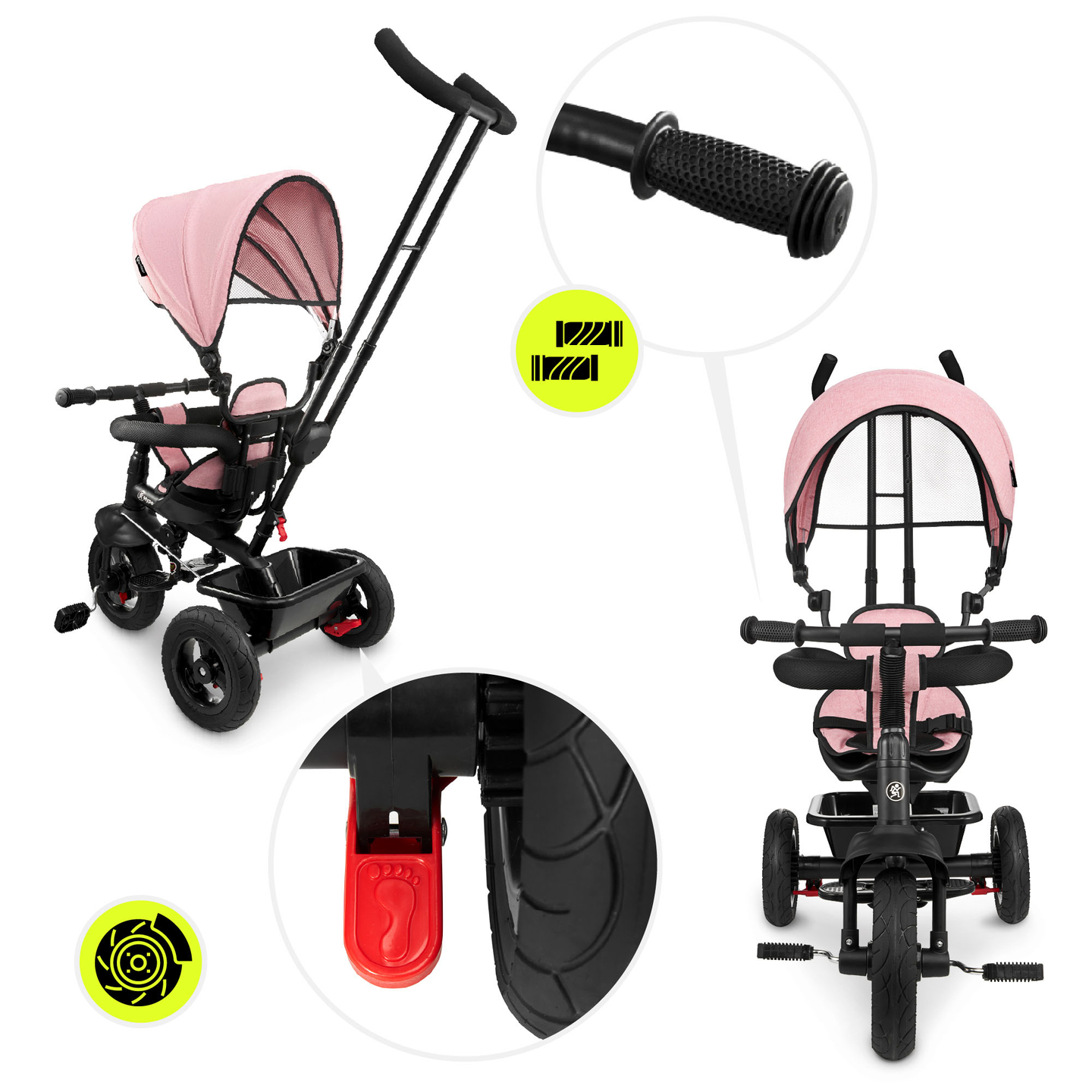 Triciclo per bambini 1-4 anni - TOBI FREY - colore rosa - girevole - ruote pompate + spintore