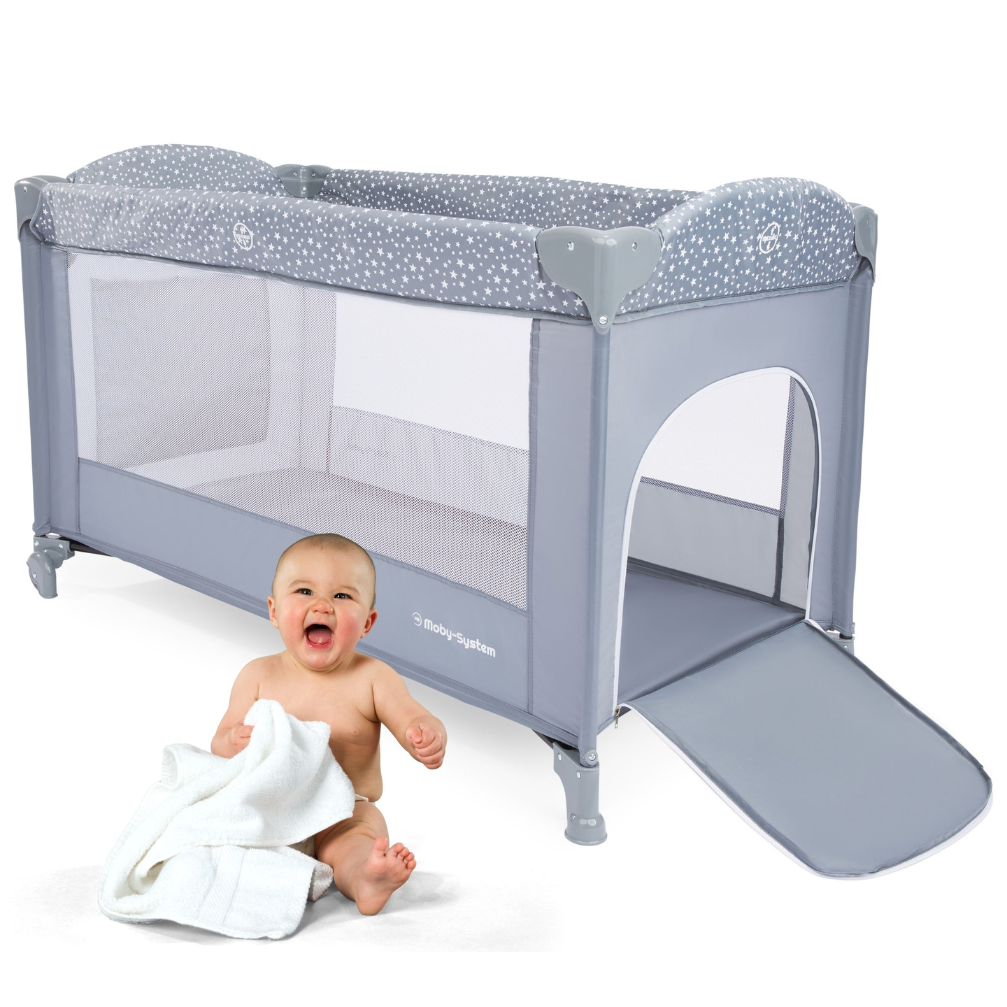 Lettino da viaggio/box 2 livelli con fasciatoio, tettoia e materasso Happy Traveller BASIC PLUS - grigio