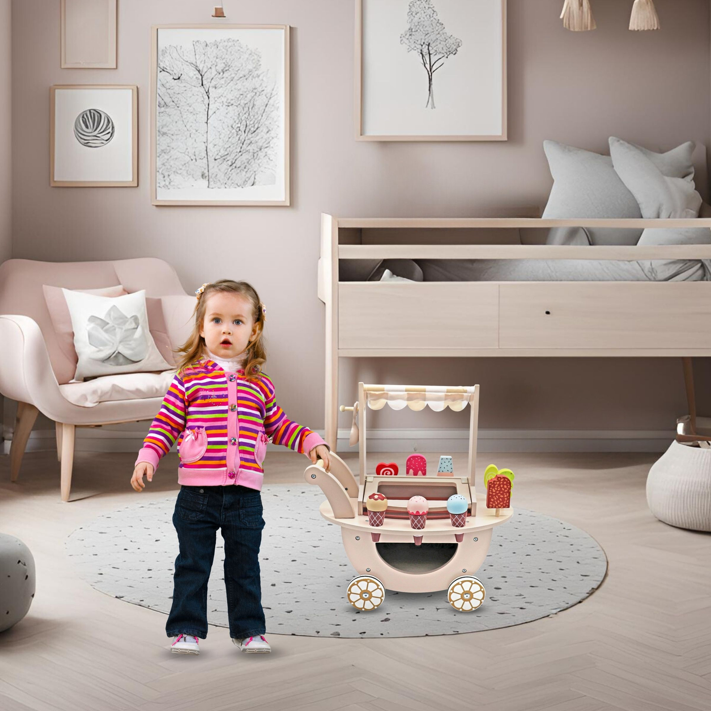 Gelateria in legno per bambini - carrello su ruote con accessori