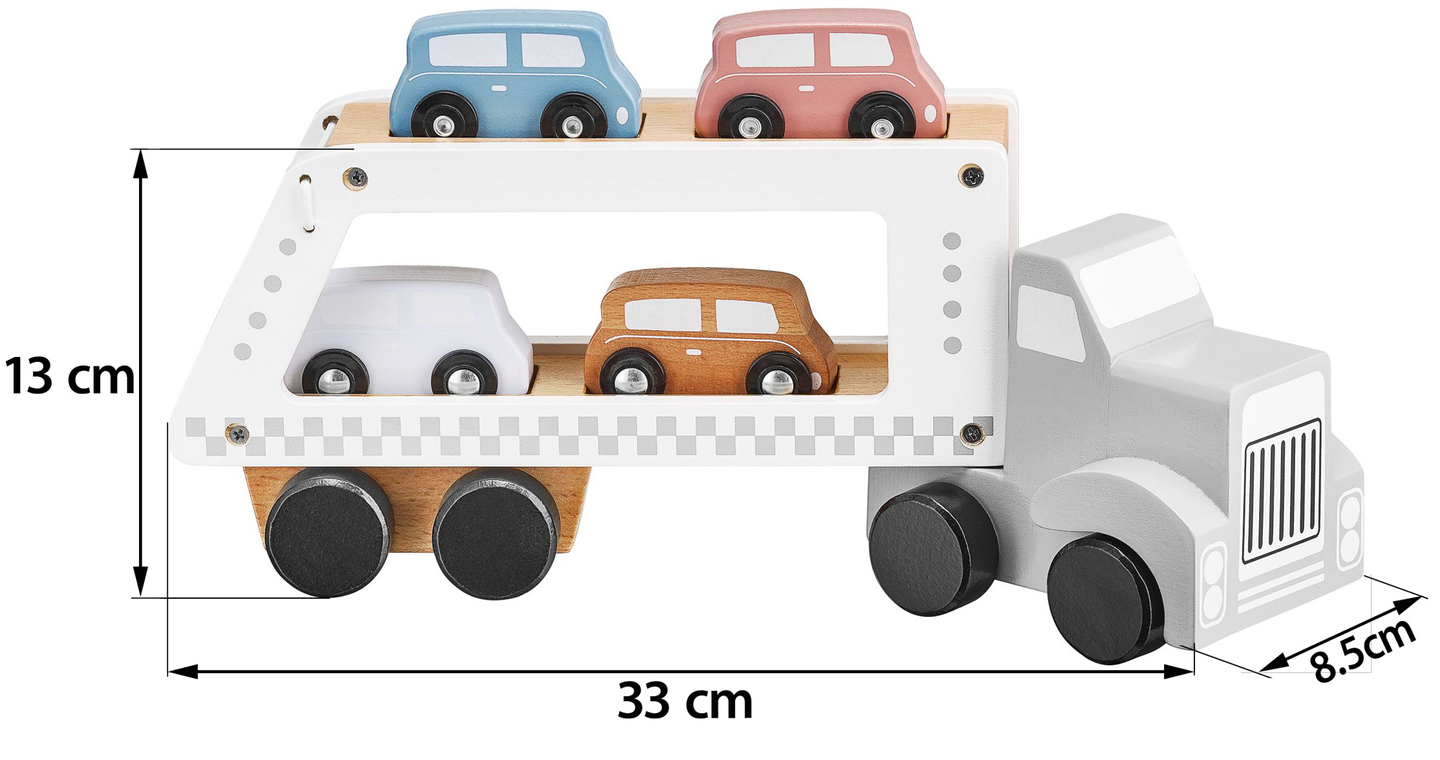 Camion-rimorchio in legno con 4 autovetture