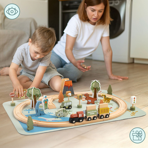 Trenino in legno Dino Park con tappetino antiscivolo - dinosauri, treno, binari, vulcano, campana
