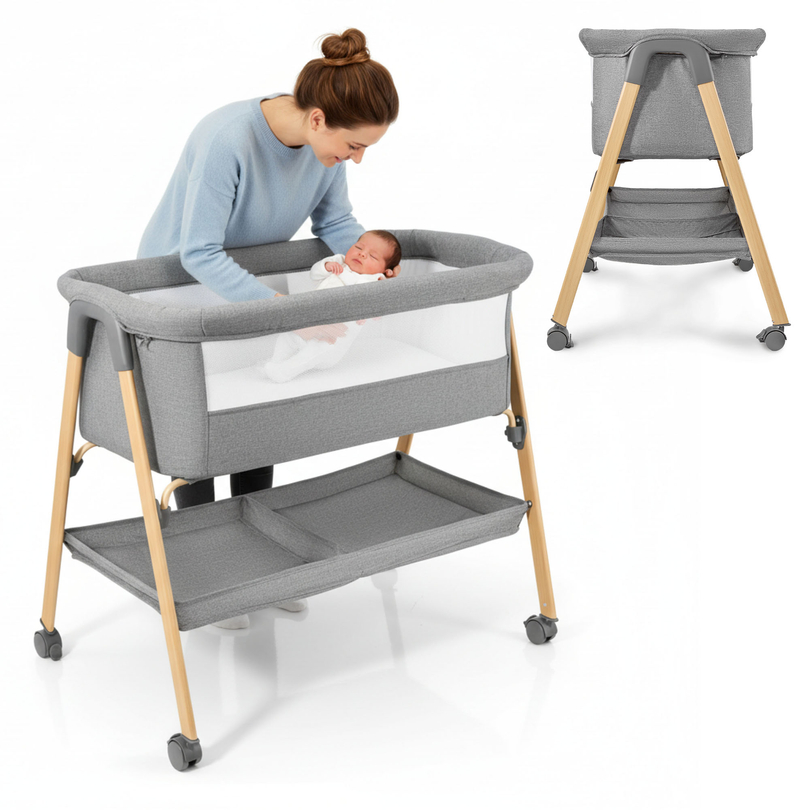 Lettino per bambini, indipendente, lettino da viaggio, culla con materasso - grigio