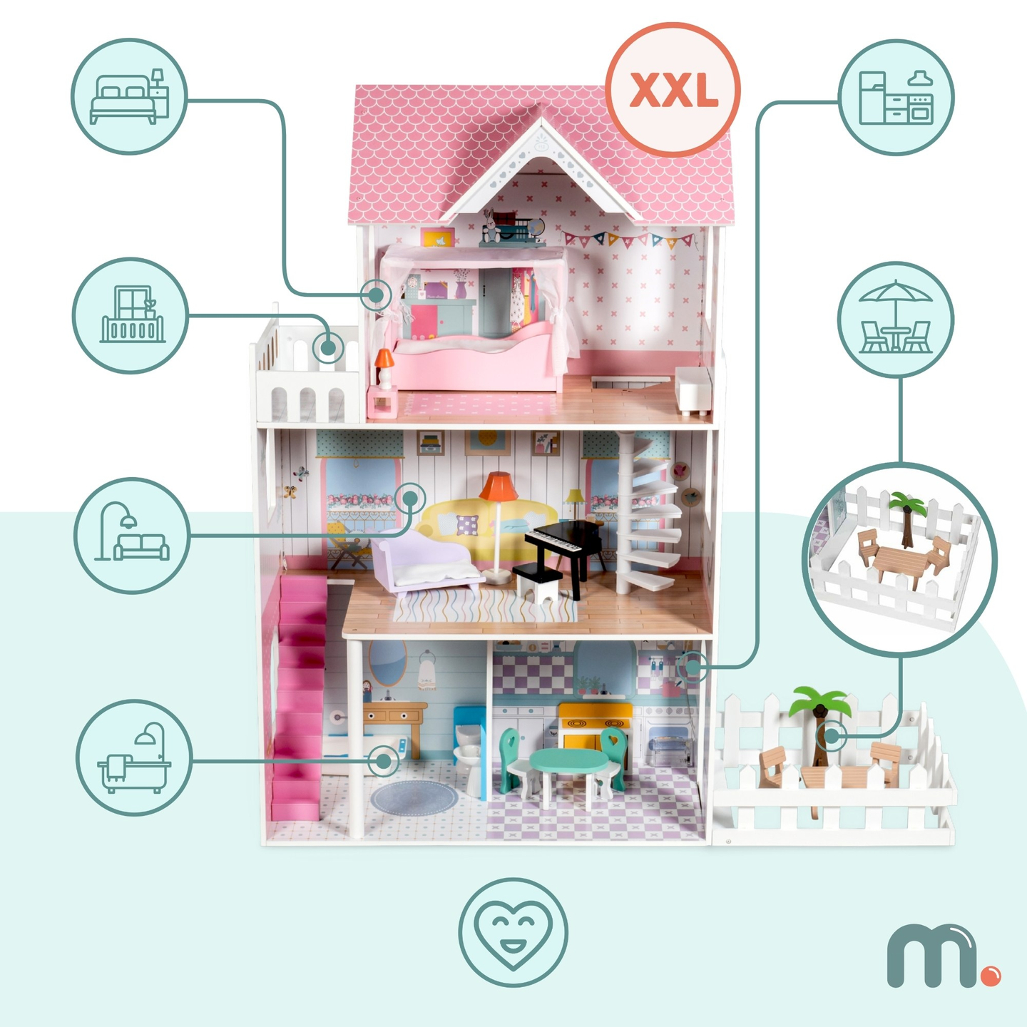 XXL La più grande casa delle bambole in legno - 123 cm - illuminata a LED - terrazza, accessori, giardino