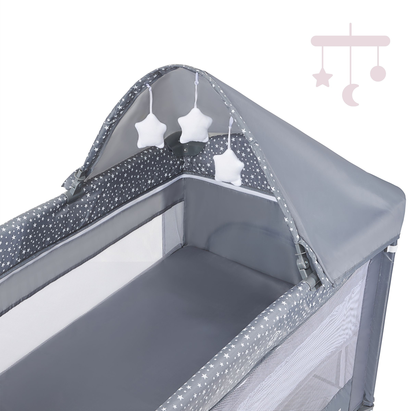 Lettino da viaggio/box 2 livelli con fasciatoio, tettoia e materasso Happy Traveller BASIC PLUS - grigio