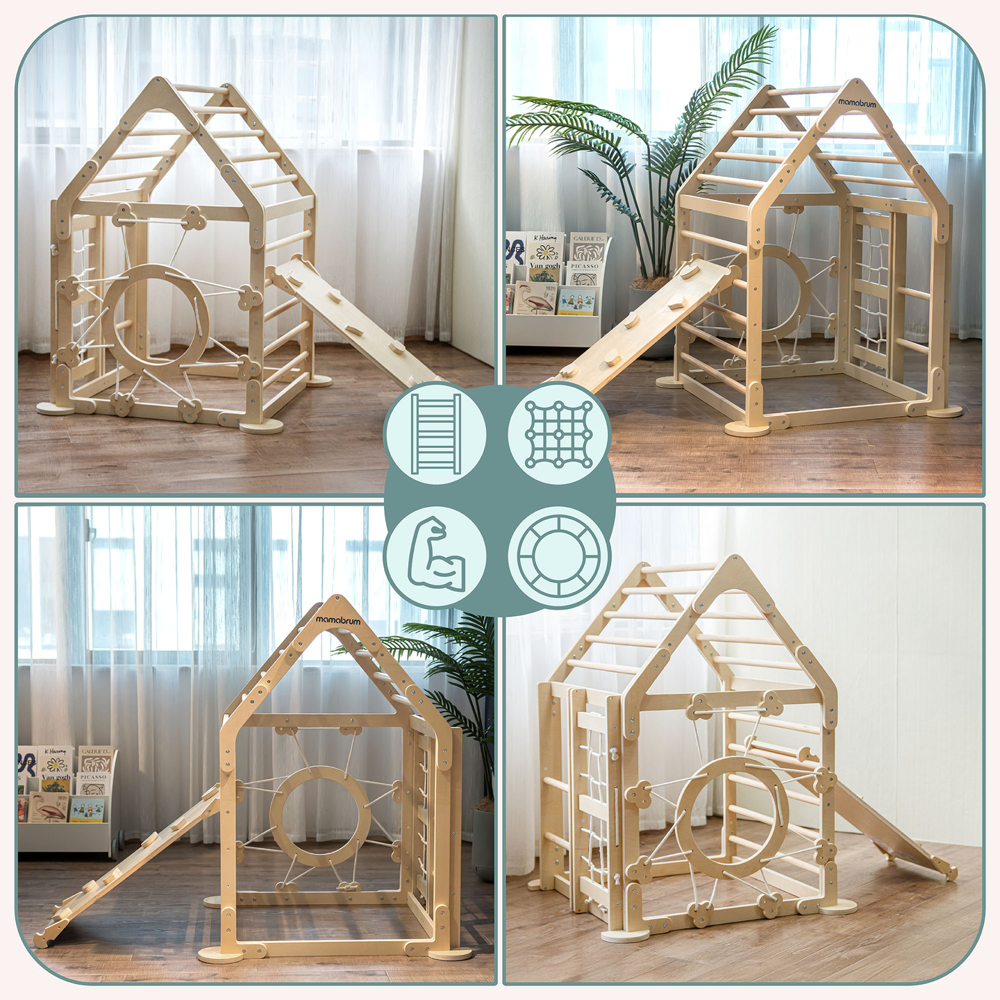 Parco giochi in legno al coperto per bambini: una casa con scale e uno scivolo