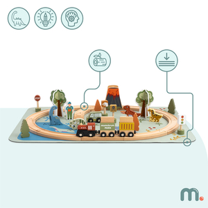 Trenino in legno Dino Park con tappetino antiscivolo - dinosauri, treno, binari, vulcano, campana