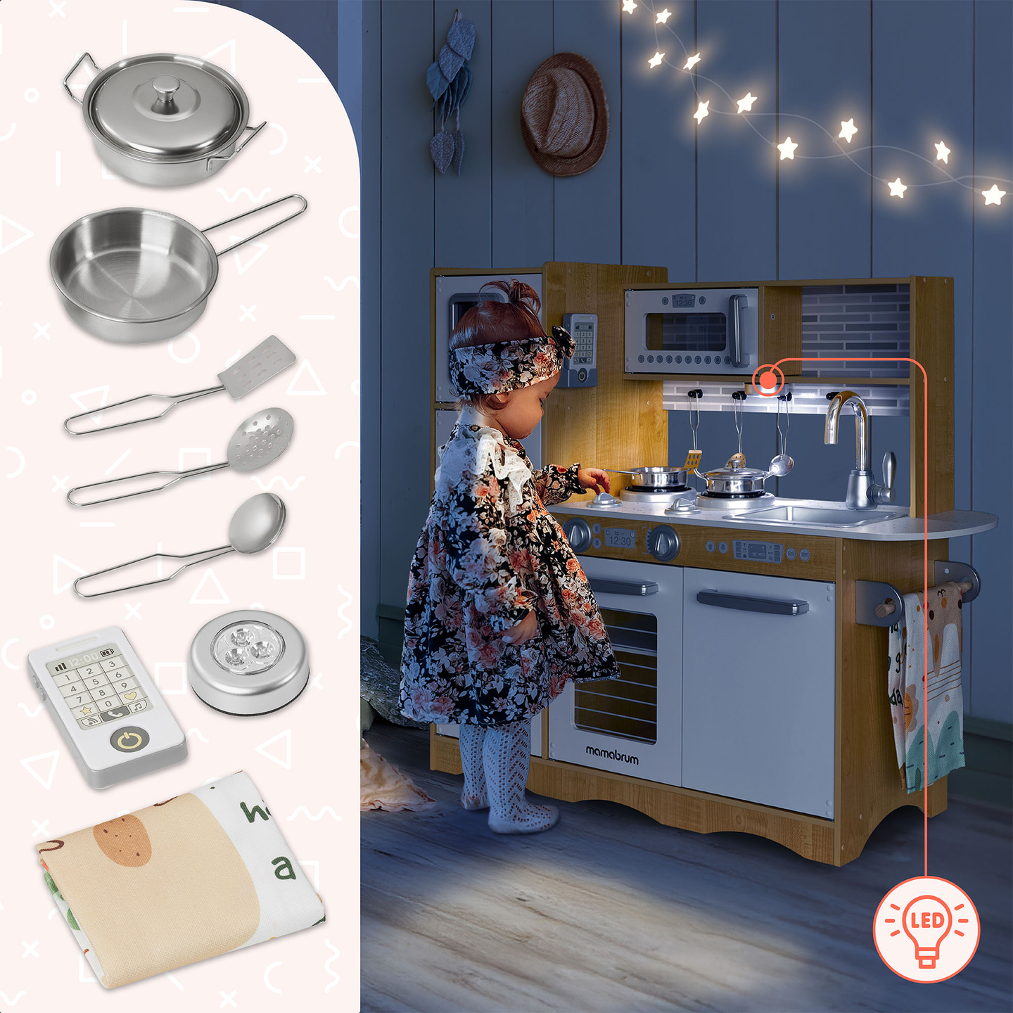 Cucina in legno XXL con illuminazione a LED, grembiule e accessori