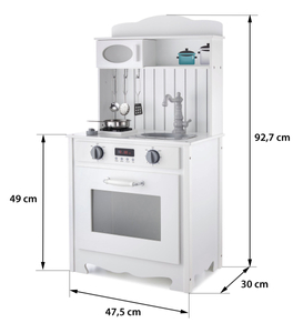 Cucina in legno bianco con grembiule, accessori e lampada LED