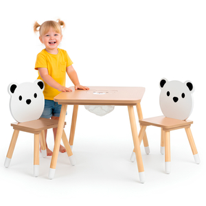 Tavolo in legno con contenitore e 2 sedie Set per bambini - Orsetto di peluche carino