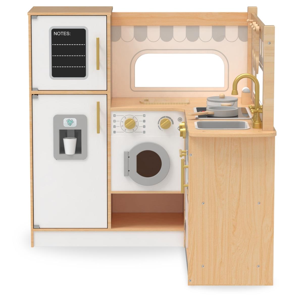Cucina ad angolo interattiva in legno XXXL con frigorifero, microonde, forno, lavatrice e accessori - naturale