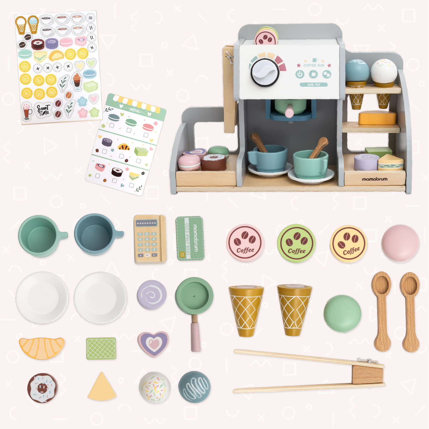 Una grande gelateria in legno con lavagna magnetica, macchina del caffè e set di gelati e dessert - oltre 70 pezzi!